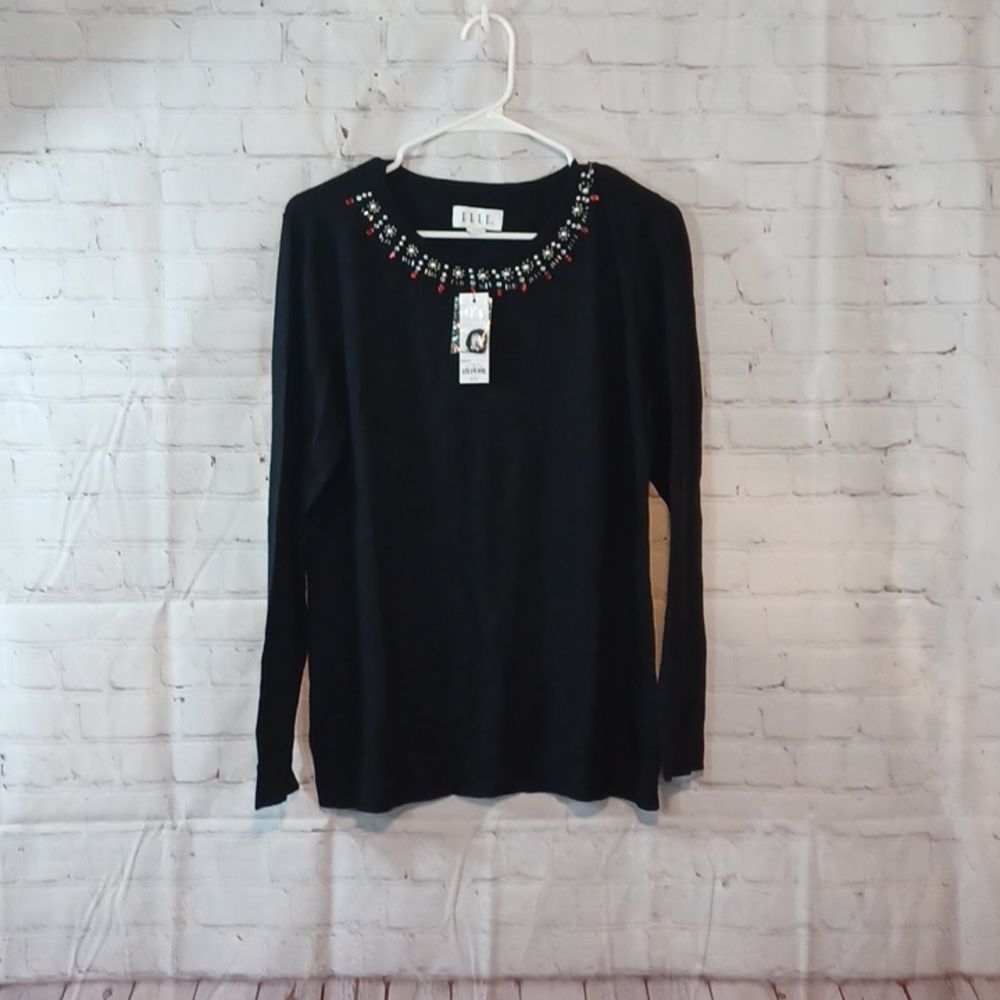 Elle Womans Black Pearl & Ruby Beaded Sweater Brand New M